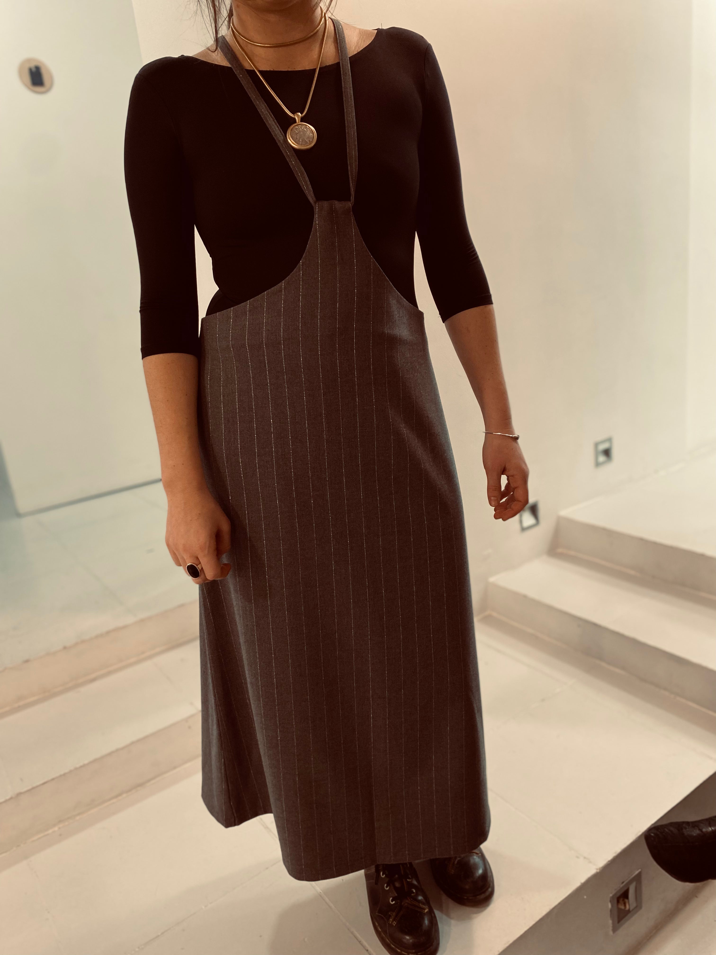 Dress With Straps In Grey/Silver Stripes
