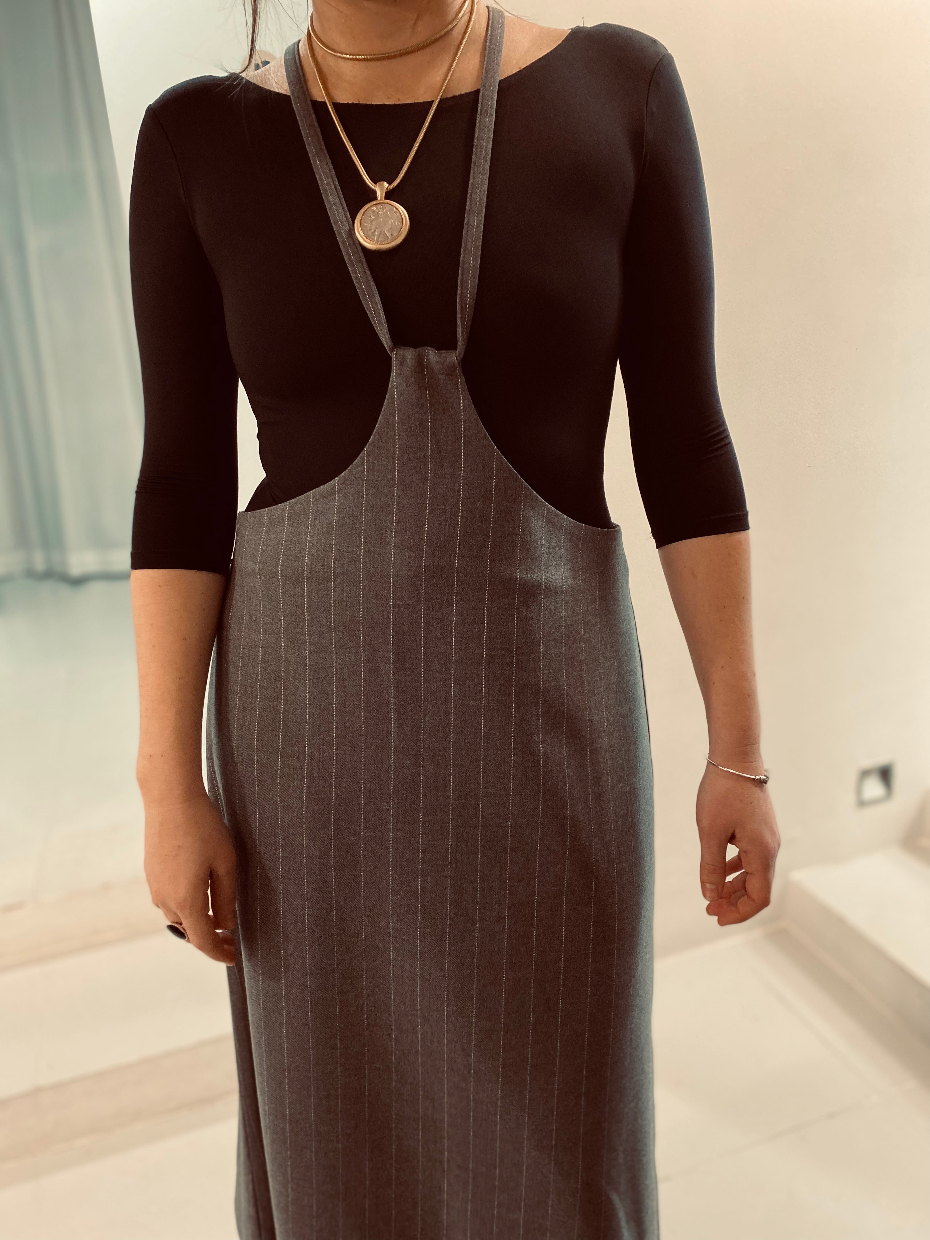 Dress With Straps In Grey/Silver Stripes