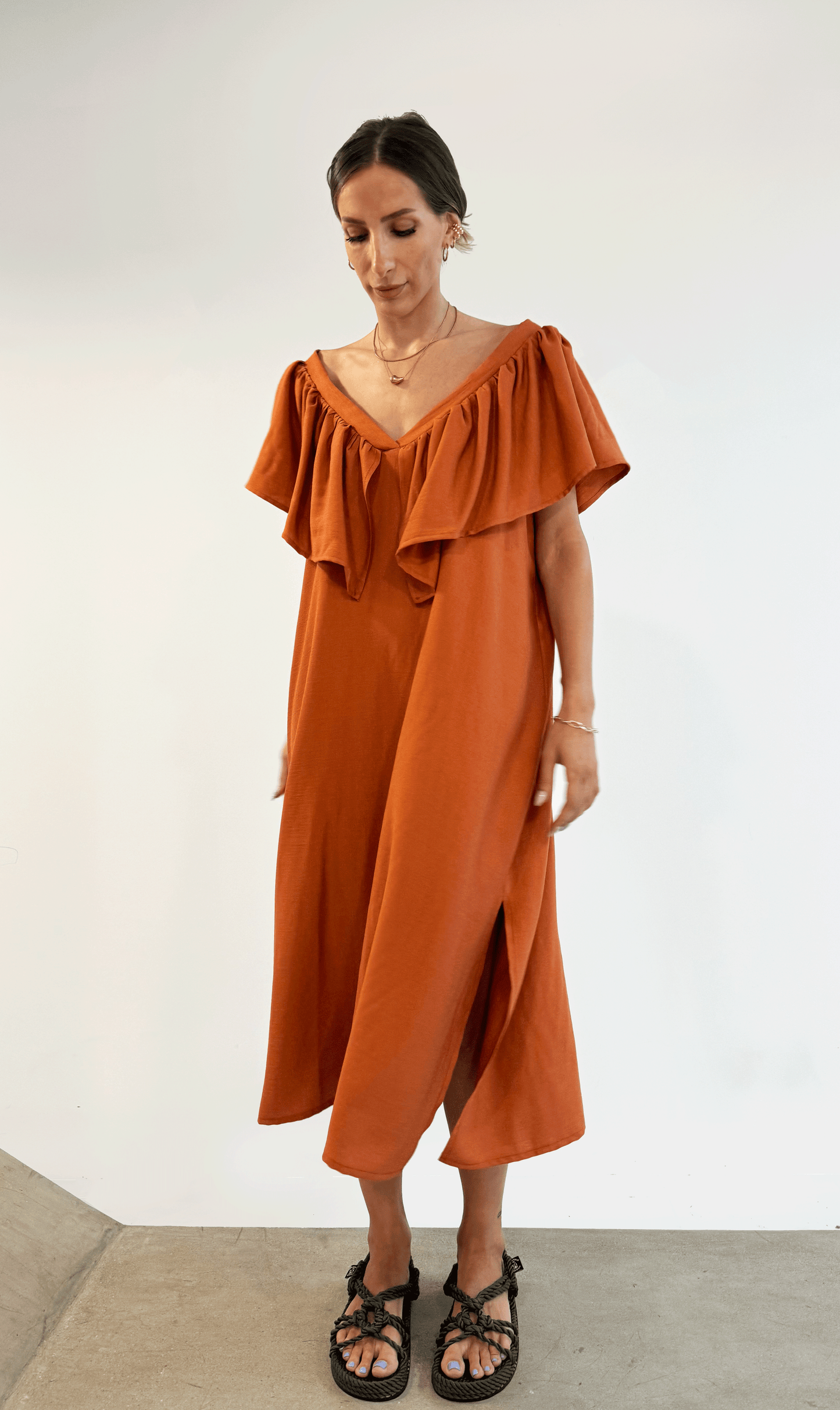 Deep V Neck Flounce Dress (Burned Orange)