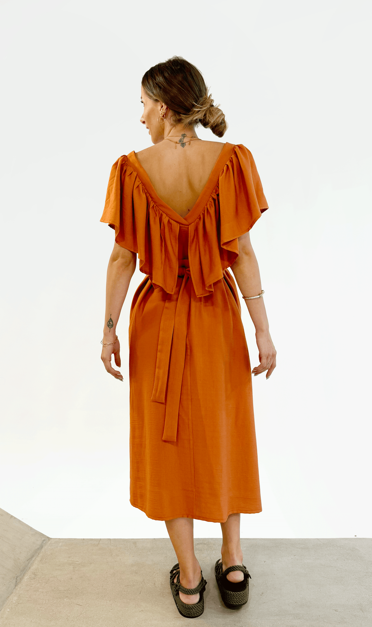 Deep V Neck Flounce Dress (Burned Orange)