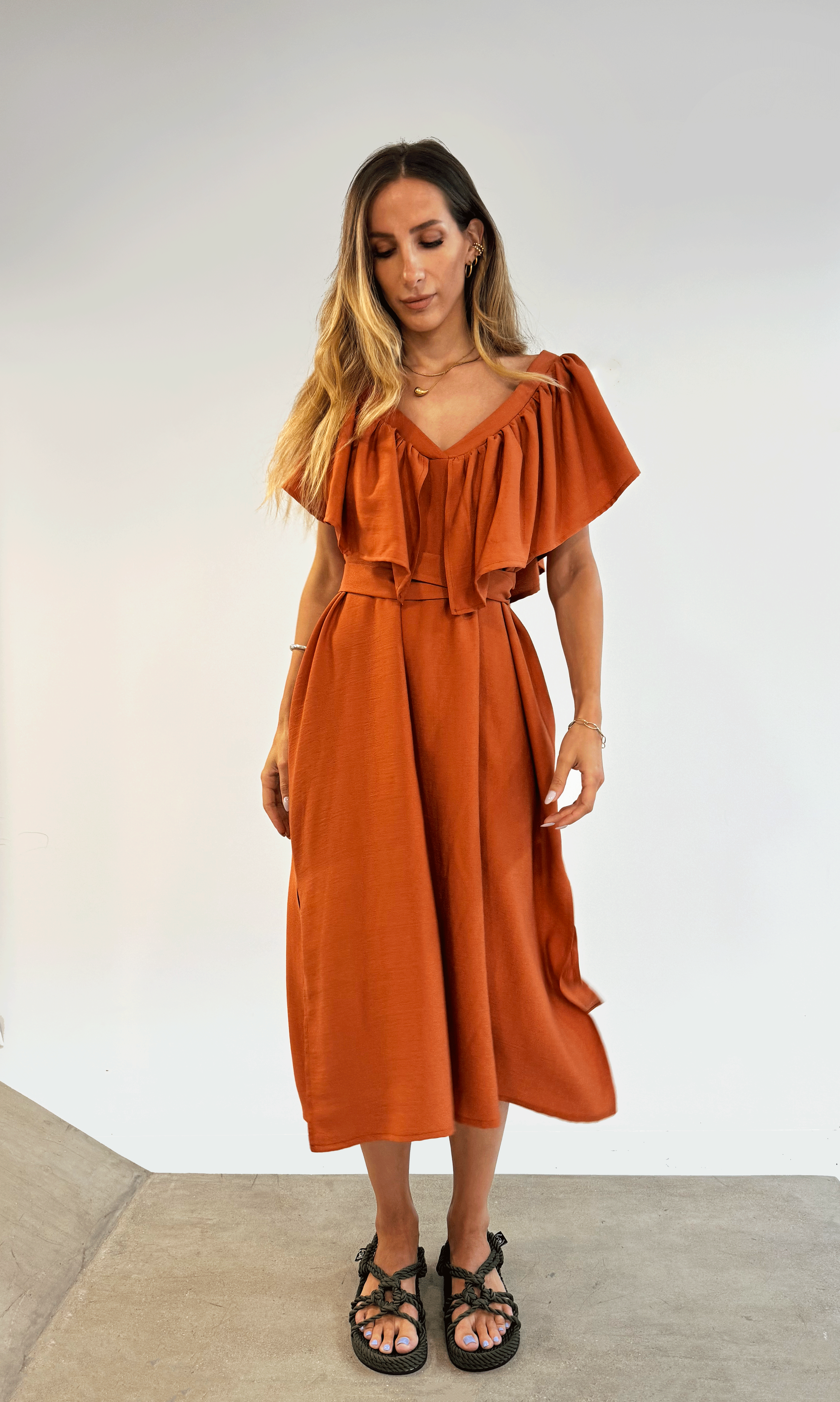 Deep V Neck Flounce Dress (Burned Orange)