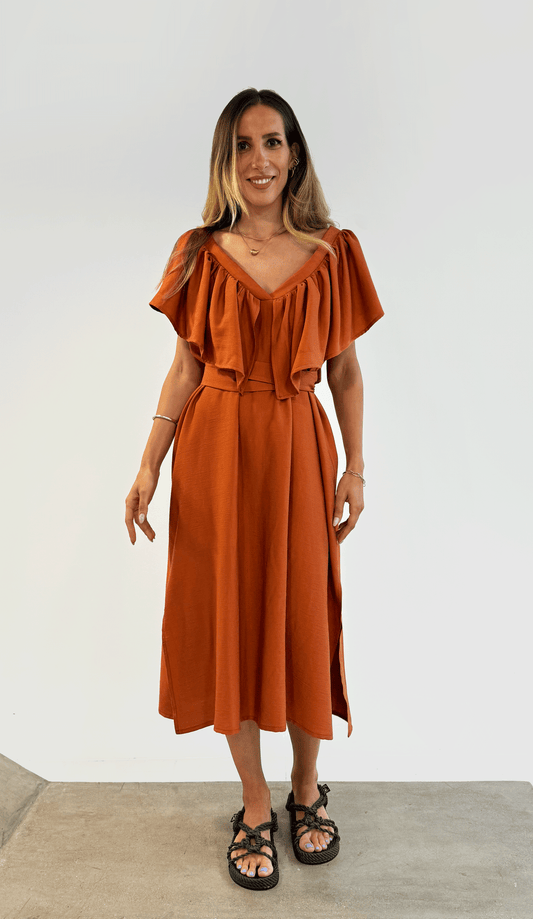 Deep V Neck Flounce Dress (Burned Orange)