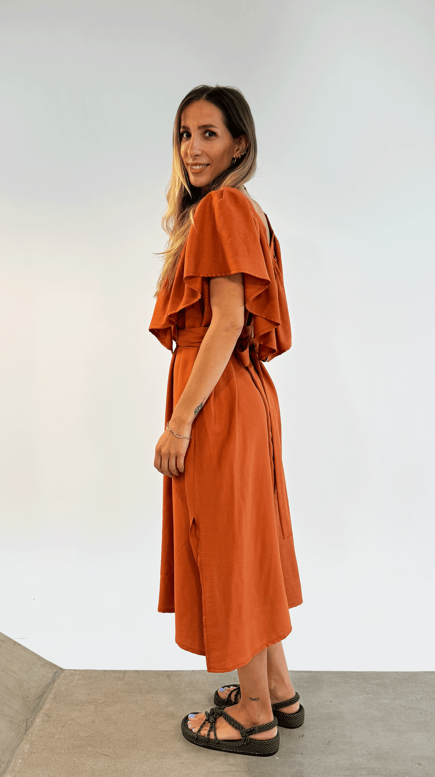 Deep V Neck Flounce Dress (Burned Orange)