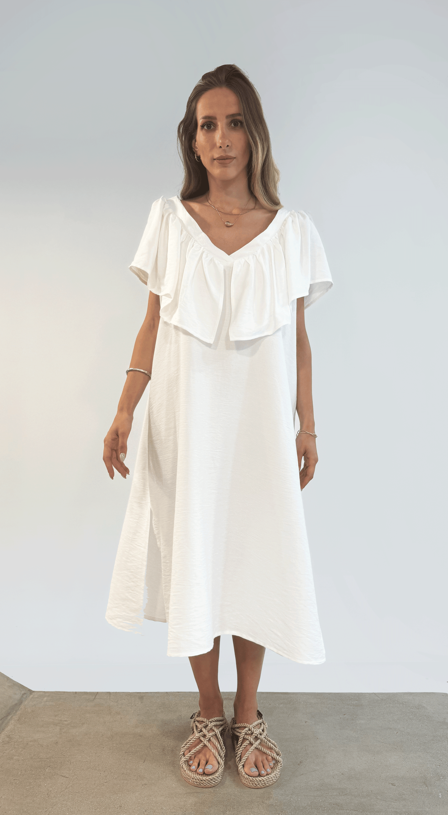 Deep V Neck Flounce Dress (Off White)