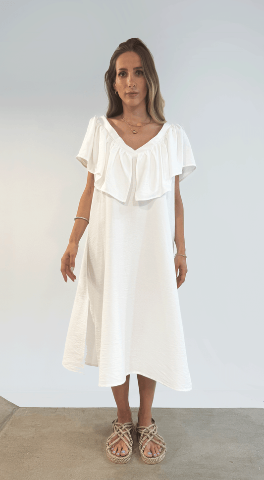 Deep V Neck Flounce Dress (Off White)