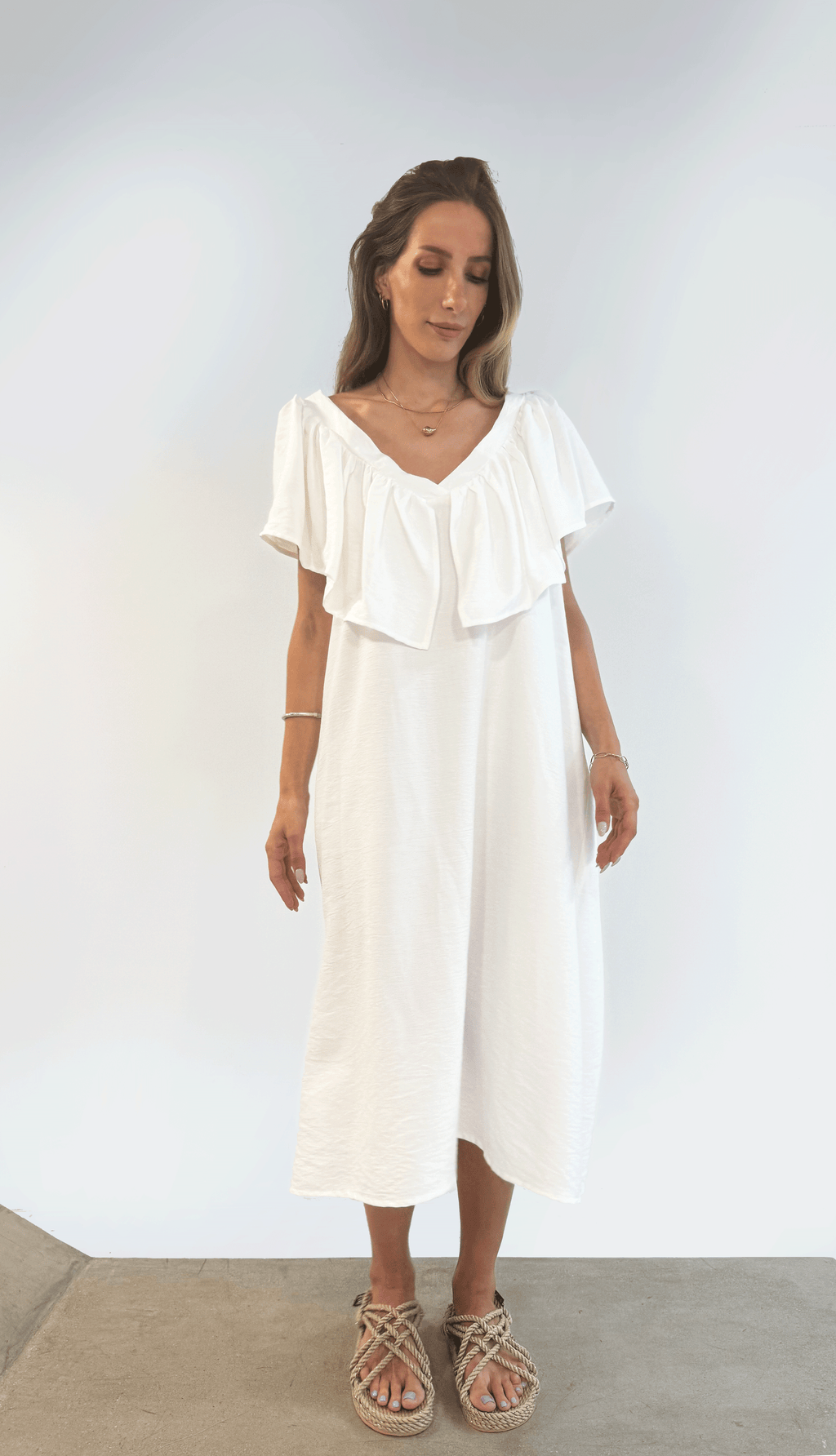 Deep V Neck Flounce Dress (Off White)
