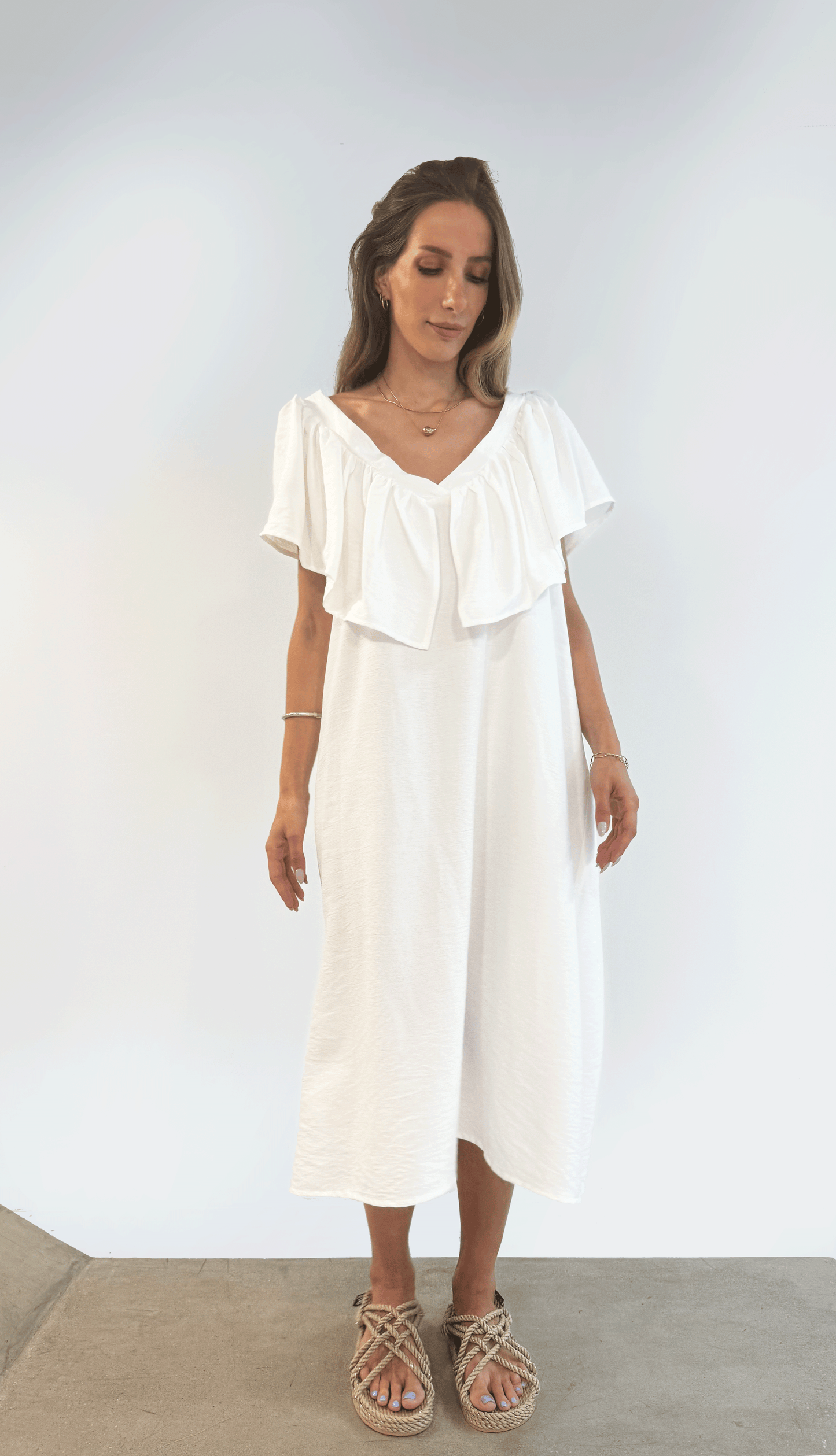 Deep V Neck Flounce Dress (Off White)