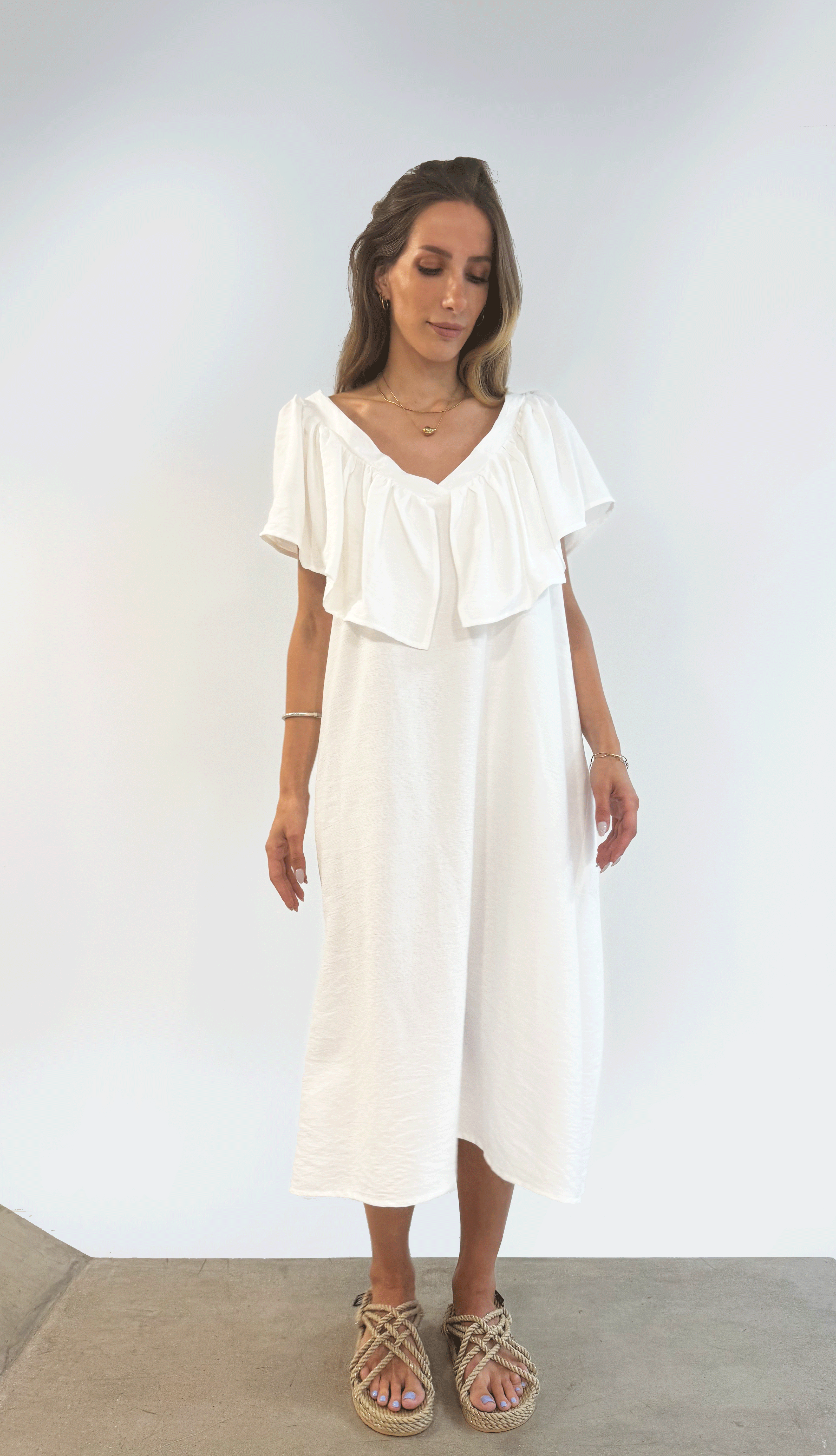 Deep V Neck Flounce Dress (Off White)