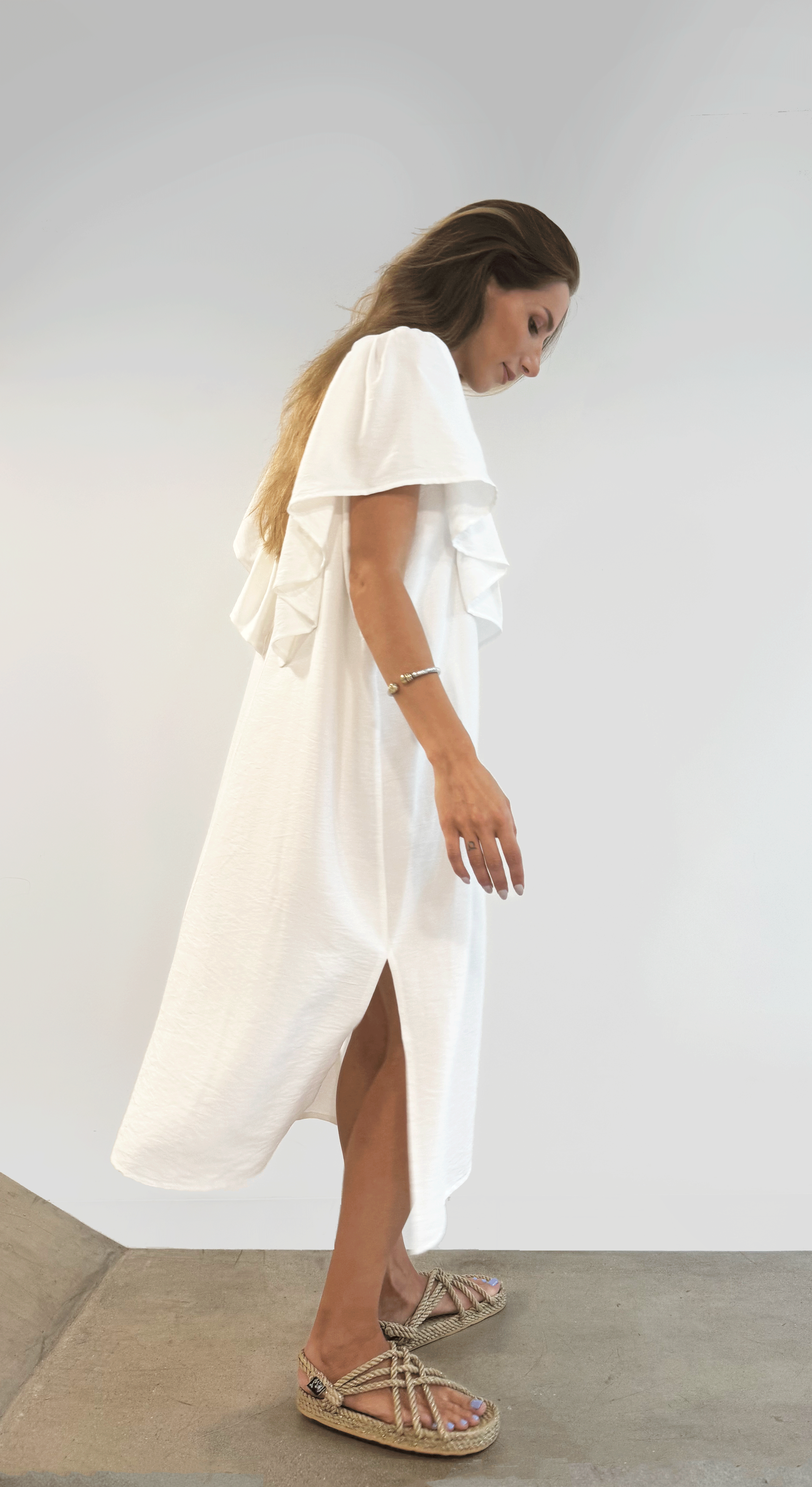 Deep V Neck Flounce Dress (Off White)