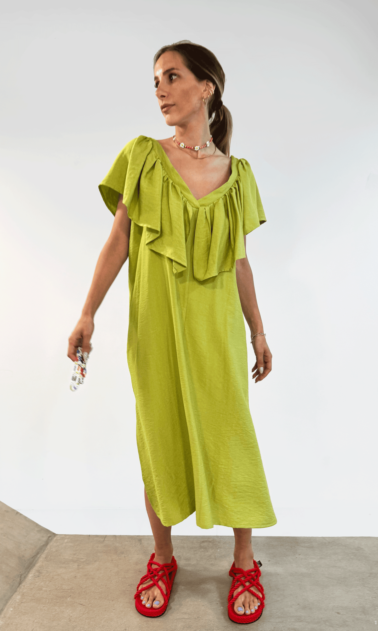 Deep V Neck Flounce Dress (Kiwi)