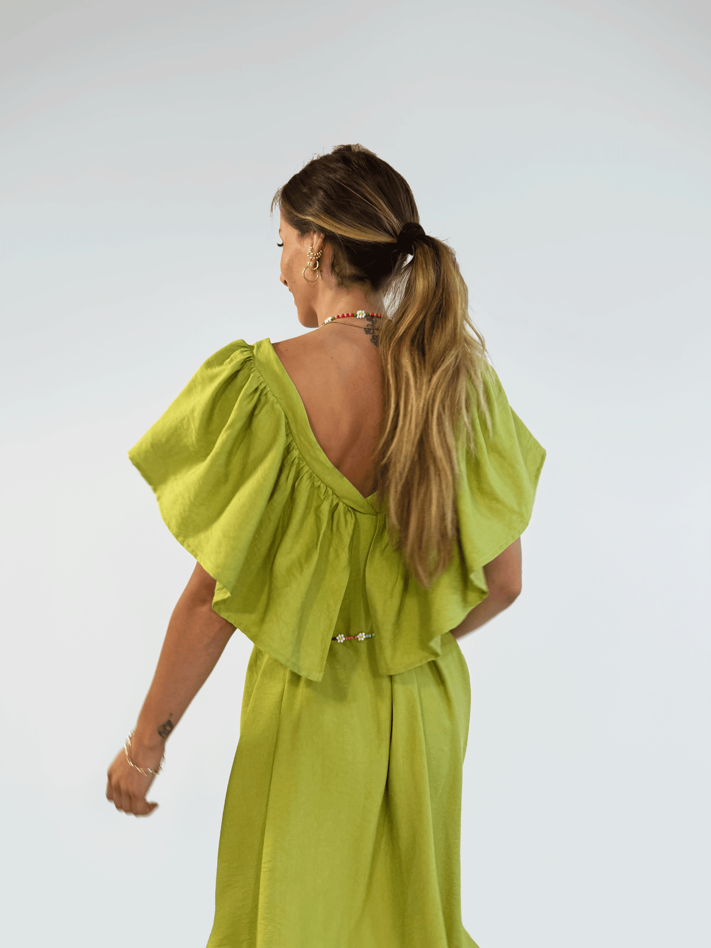 Deep V Neck Flounce Dress (Kiwi)