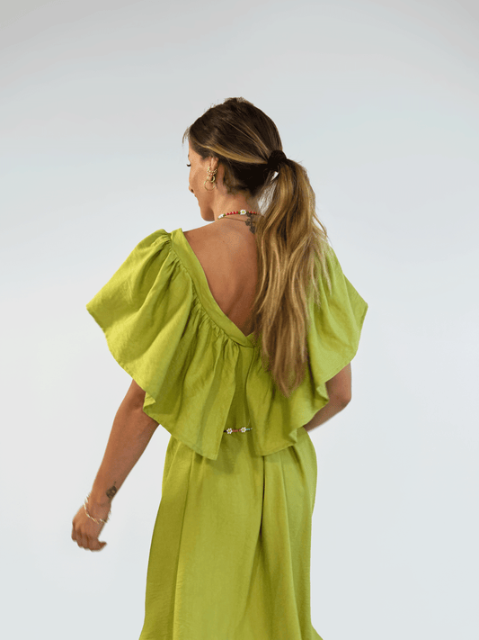 Deep V Neck Flounce Dress (Kiwi)