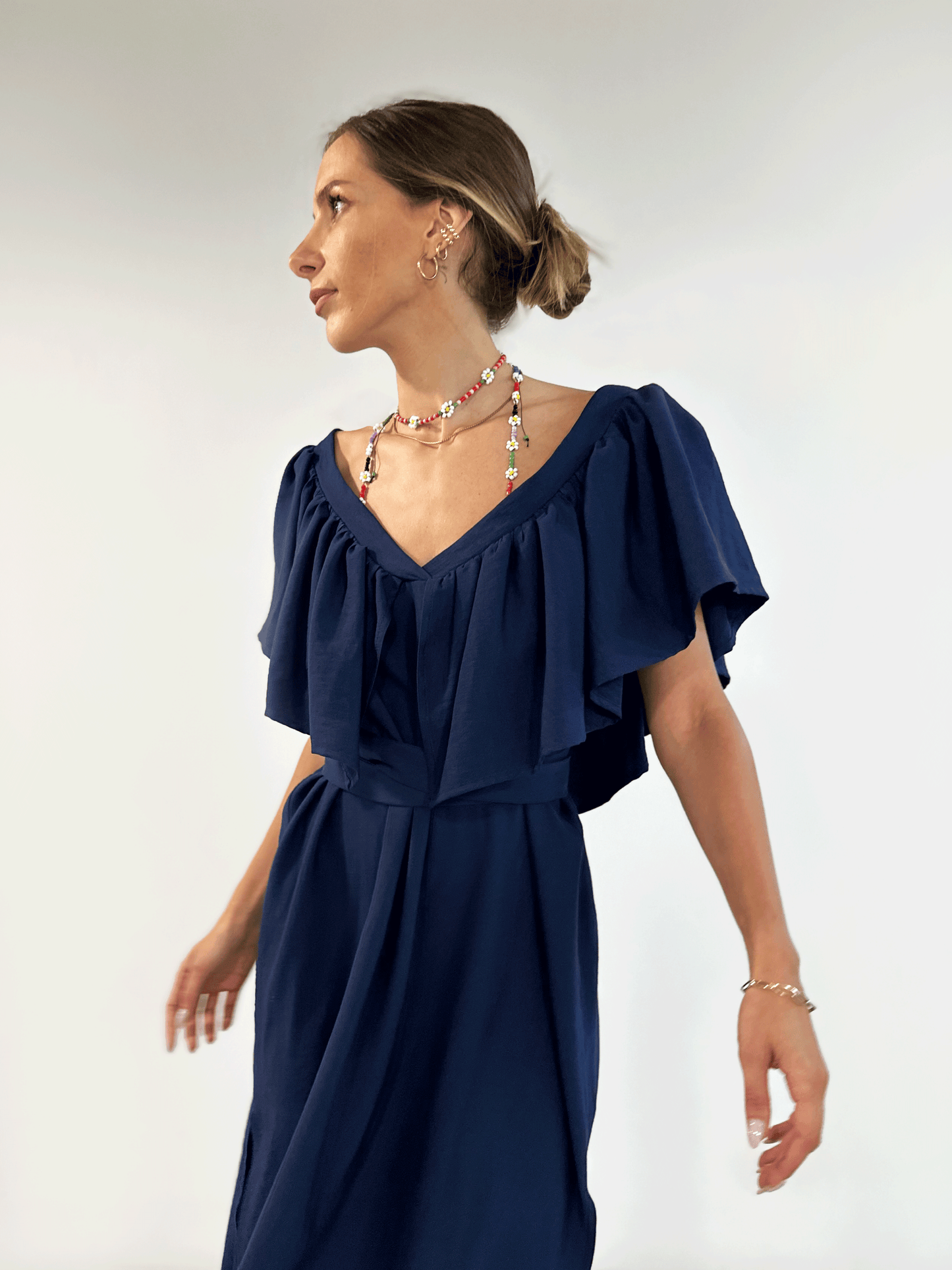 Deep V Neck Flounce Dress (Navy Blue)